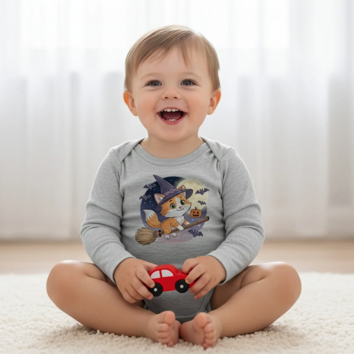 cat-halloween Cartoon Cat Long Sleeve Baby Bodysuit – Cute Witch Halloween Outfit - Image 1