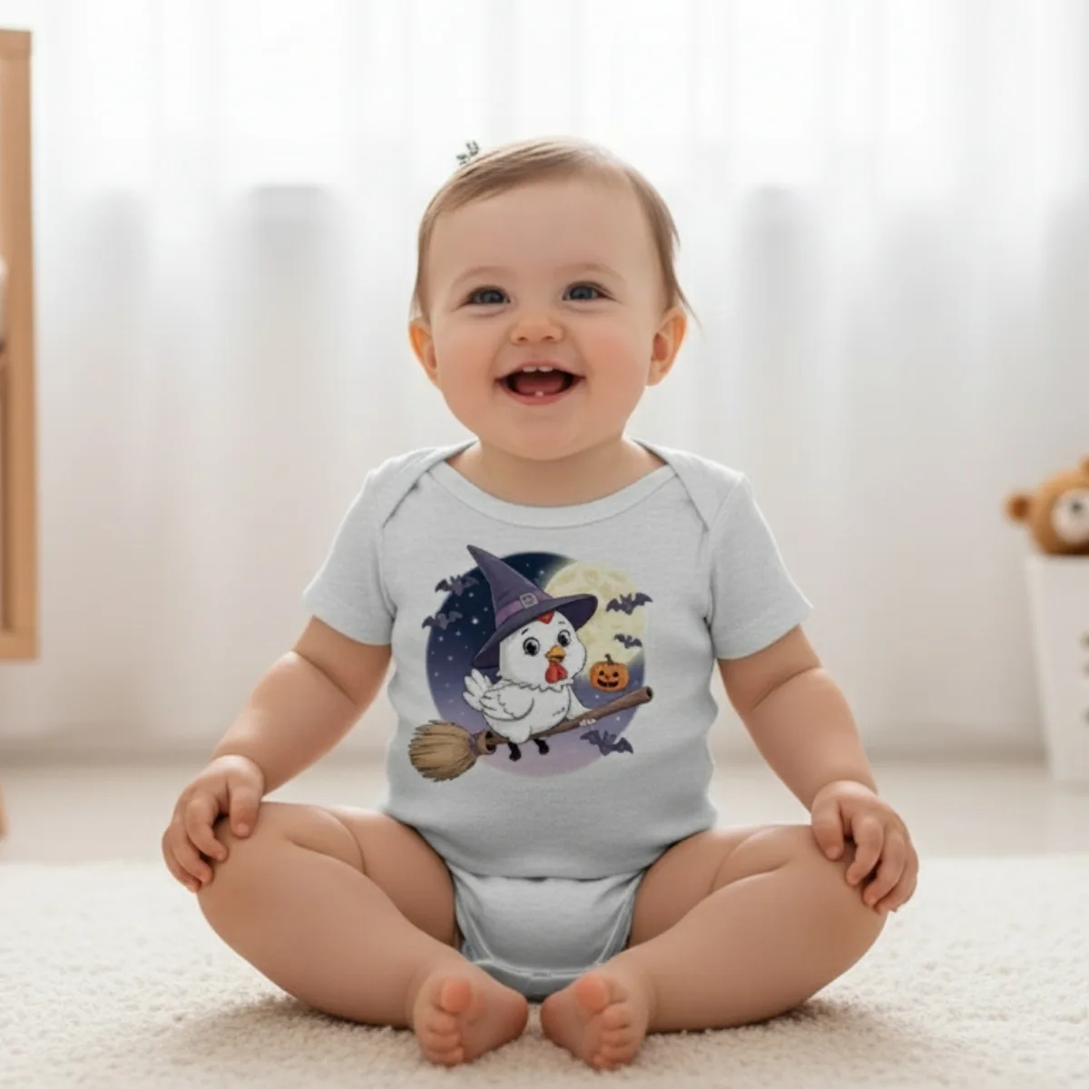 chicken-halloween-short-sleeve Cartoon Chicken Short Sleeve Baby Bodysuit – Cute Witch Halloween Outfit - Image 1