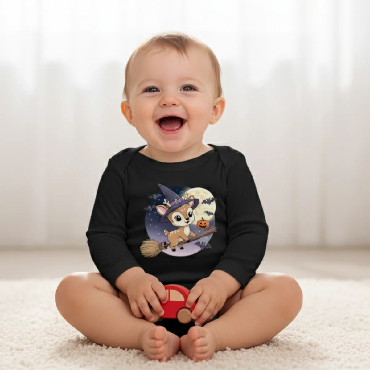 deer-halloween Cartoon Deer Long Sleeve Baby Bodysuit – Cute Witch Halloween Outfit - Image 1