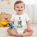 Cute Dinosaur Short Sleeve Baby Bodysuit – Adorable Dino and Chick Friendship Infant Outfit - Image 5