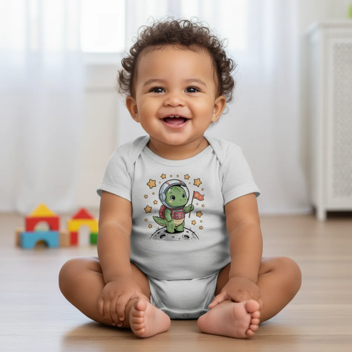 dino_astronaut Cartoon Dino Short Sleeve Baby Bodysuit – Cute Space Explorer Outfit - Image 1