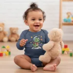 Cartoon Dino Long Sleeve Baby Bodysuit – Cute Space Explorer Outfit