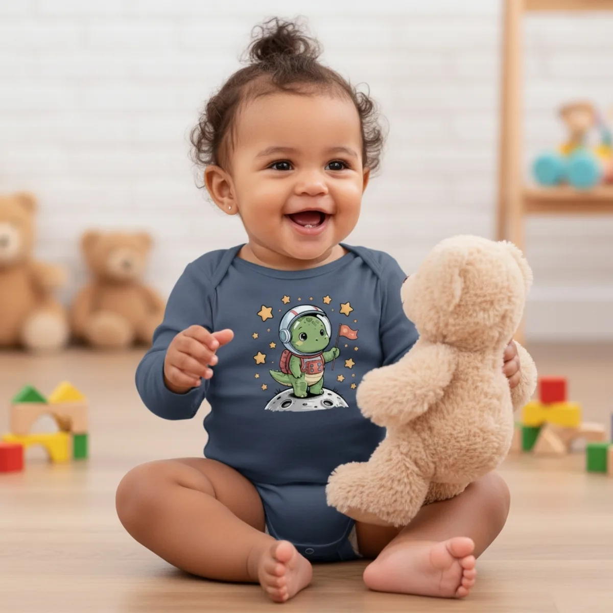 dino_astronaut5 Cartoon Dino Long Sleeve Baby Bodysuit – Cute Space Explorer Outfit - Image 1