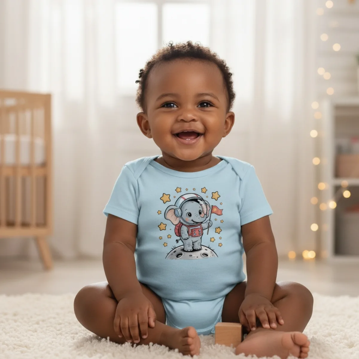 elephant-astranout-short-sleeve Cartoon Elephant Short Sleeve Baby Bodysuit – Cute Astronaut Costume - Image 1