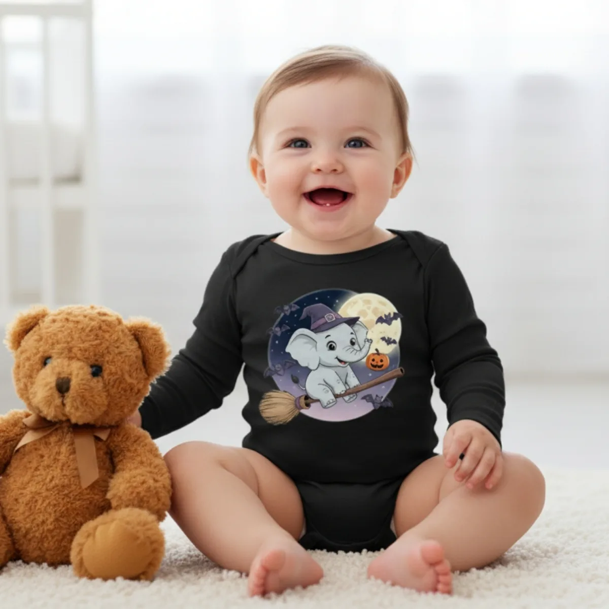 elephant-halloween Cartoon Elephant Long Sleeve Baby Bodysuit – Cute Witch Halloween Outfit - Image 1