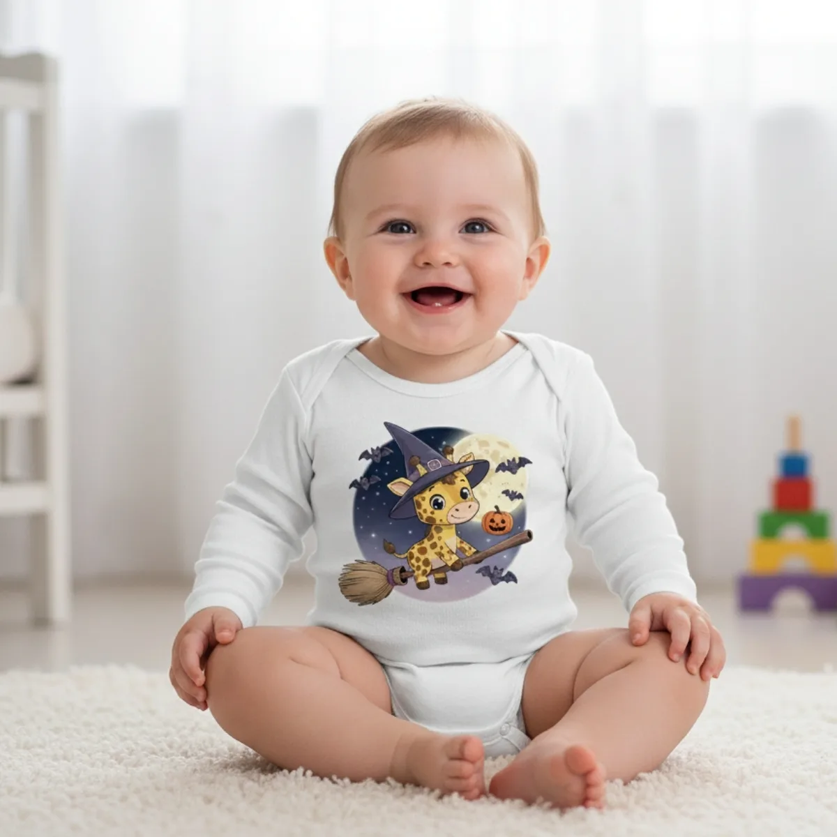 giraffe-halloween Cartoon Giraffe Long Sleeve Baby Bodysuit – Cute Witch Halloween Outfit - Image 1