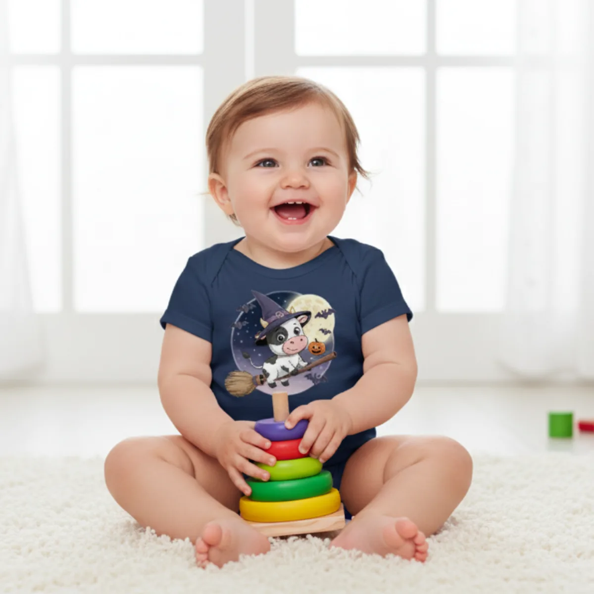 halloween-cow_2 Cartoon Cow Short Sleeve Baby Bodysuit – Cute Witch Halloween Outfit - Image 1