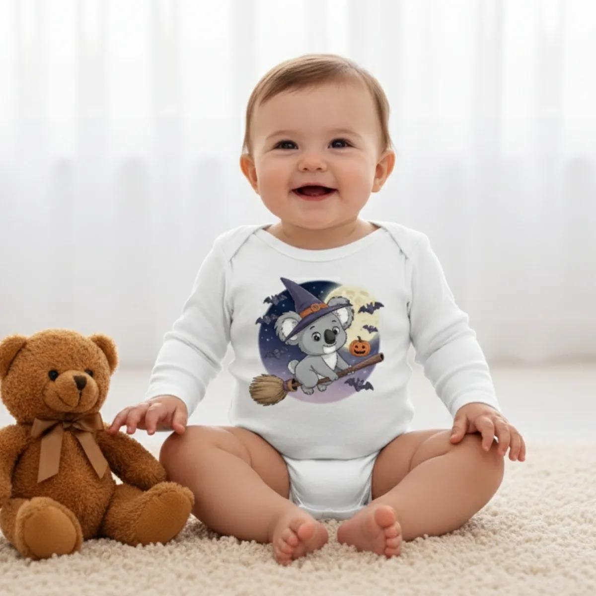 koala-halloween Cartoon Koala Long Sleeve Baby Bodysuit – Cute Witch Halloween Outfit - Image 1