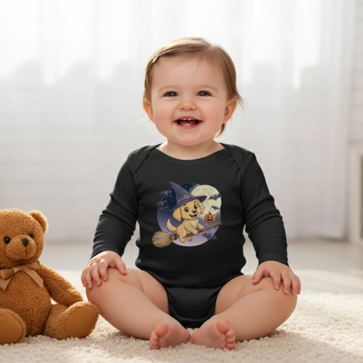 puppy-halloween Cartoon Puppy Long Sleeve Baby Bodysuit – Cute Witch Halloween Outfit - Image 1