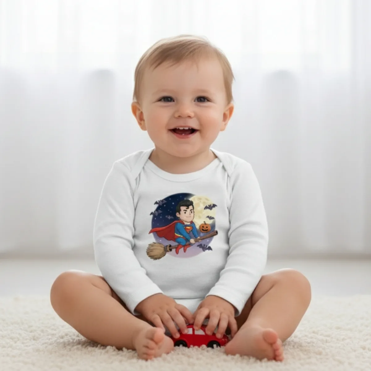 superman-halloween Cartoon Superman Long Sleeve Baby Bodysuit – Cute Witch Halloween Outfit - Image 1