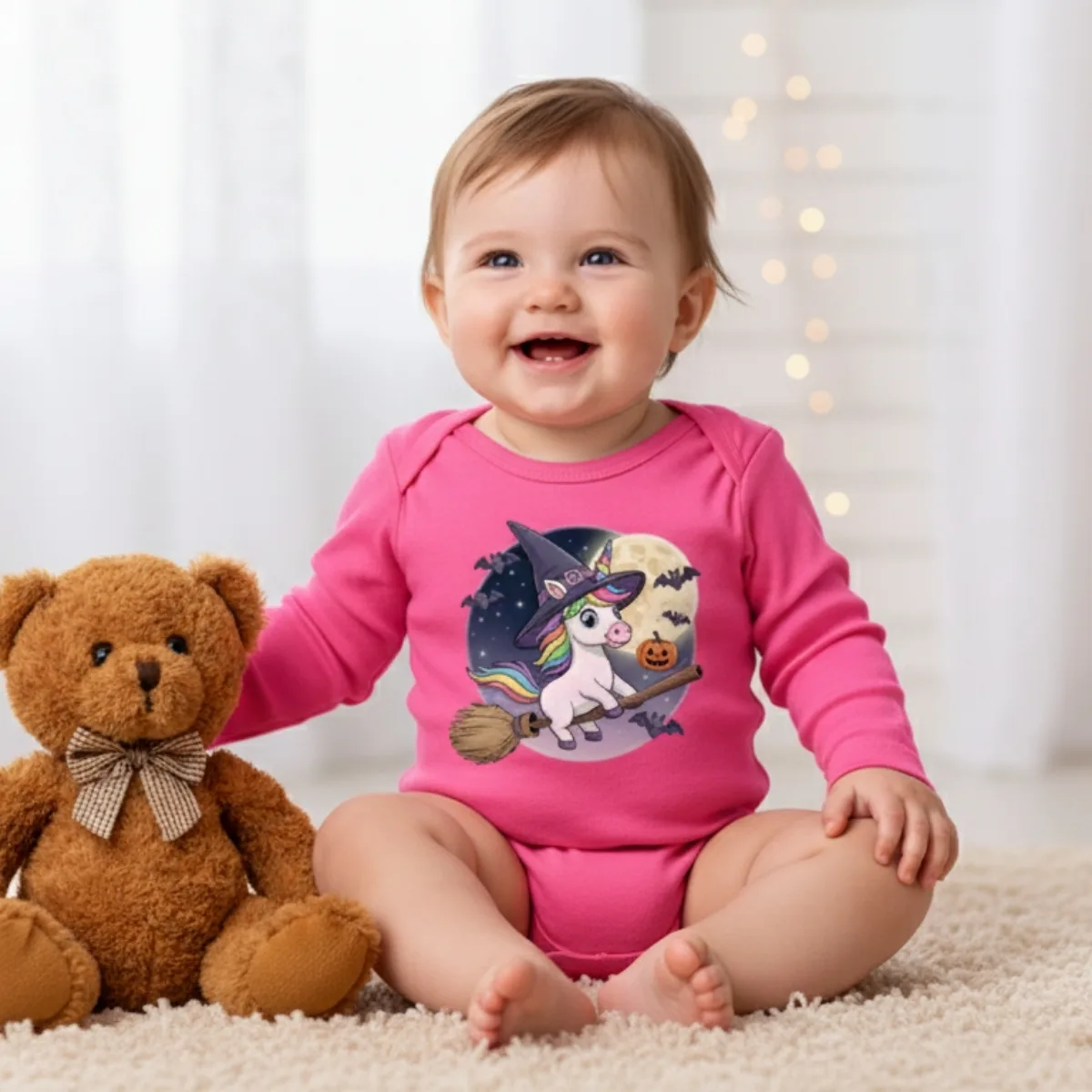 unicorn-halloween Cartoon Unicorn Long Sleeve Baby Bodysuit – Cute Witch Halloween Outfit - Image 1
