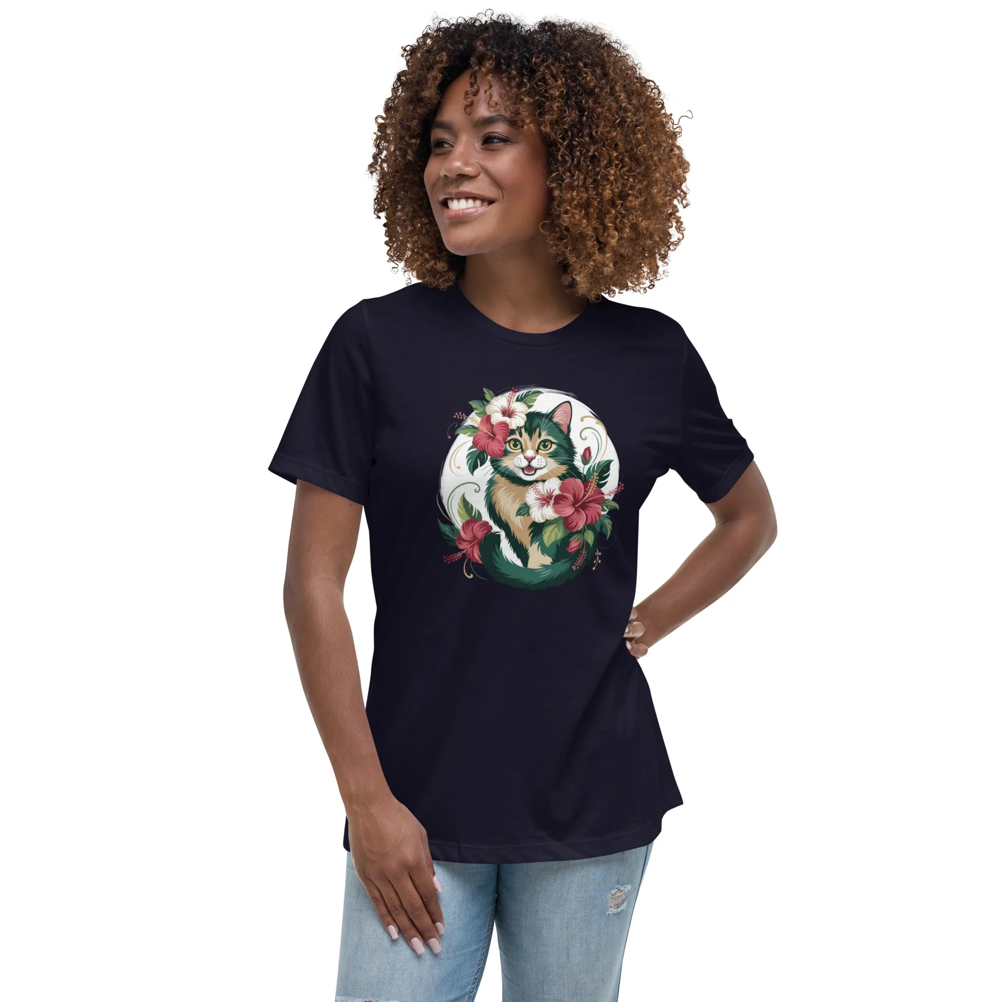 womens-relaxed-t-shirt-navy-front-68ea502b0bab9.jpg Tropical Floral Cat Mom Relaxed T-Shirt | Bella + Canvas 6400 - Image 1