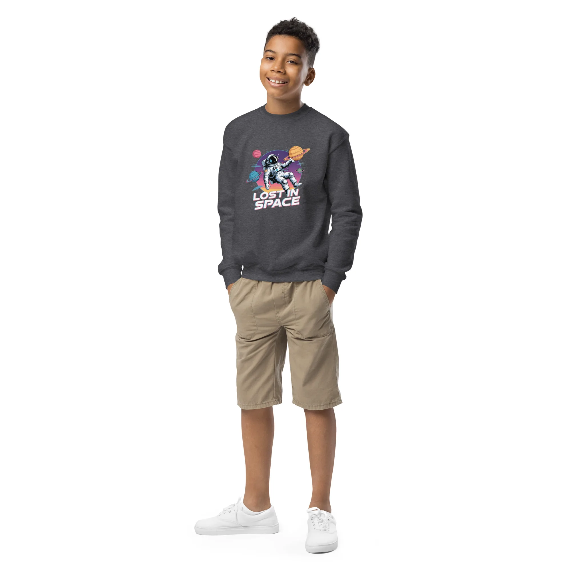 youth-crew-neck-sweatshirt-dark-heather-front-68e80cef5b1b6.jpg Lost In Space Youth Sweatshirt | Gildan 18000B - Image 1